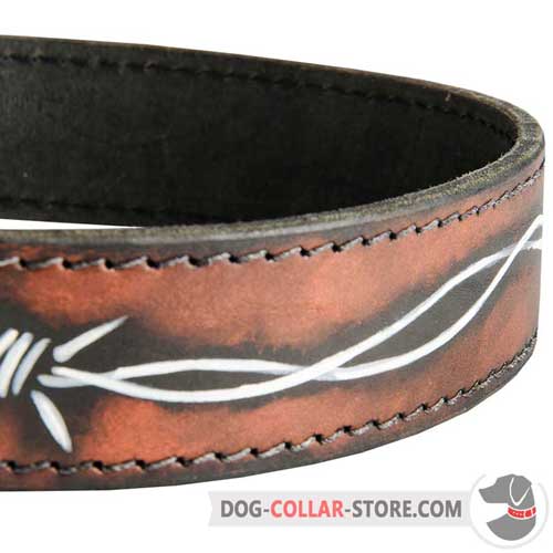 Water Resistant Barbed Wire Hand Painting on Leather Dog Collar