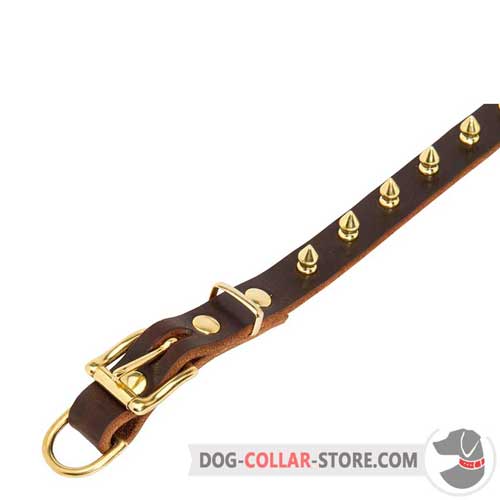 Golden Brass-Plated Hardware and Spikes on Leather Dog Collar 