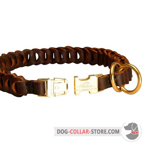 Braided Leather Dog Choke Collar with Golden Quick Release Buckle