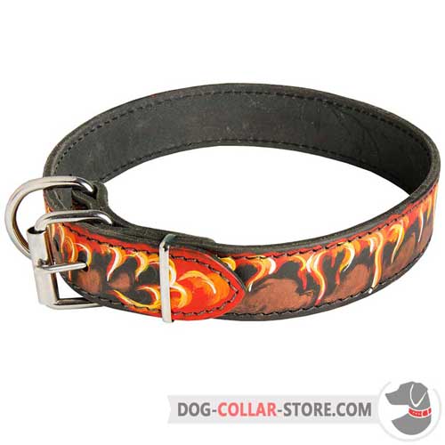 Hand Painted Flames Designer Leather Dog Collar with Nickel Plated Hardware