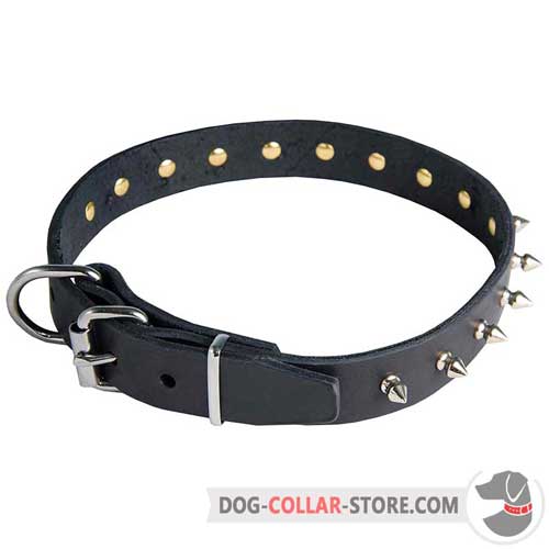 Spiked Design Leather Dog Collar with Nickel-Plated Buckle