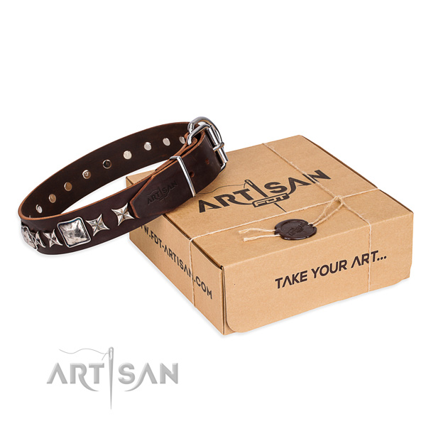 Decorated full grain leather dog collar for comfortable wearing