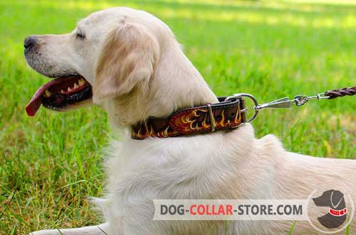 Stylish Leather Golden Retriever Collar with Painted Flames