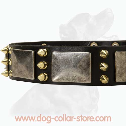 Unique Design Leather Dog Collar With Nickel Plates And Spikes