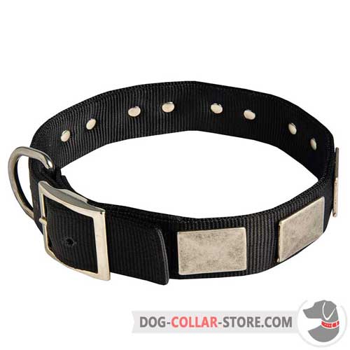 Adjustable Nylon Dog Collar with Large Plates of Silver Color