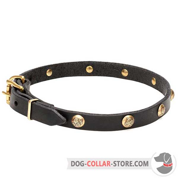 Dog collar for walking, studs with engraved flowers