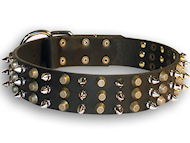 Leather dog collar with 3spikes+3 brass pyramids for All breeds