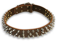 Leather dog collar with spikes- 3 Rows Spiked Dog Collar