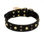 FDT Artisan 'Heavy Metal' Leather Dog Collar with Skulls and Half-Balls 1 1/2 inch (40 mm)
