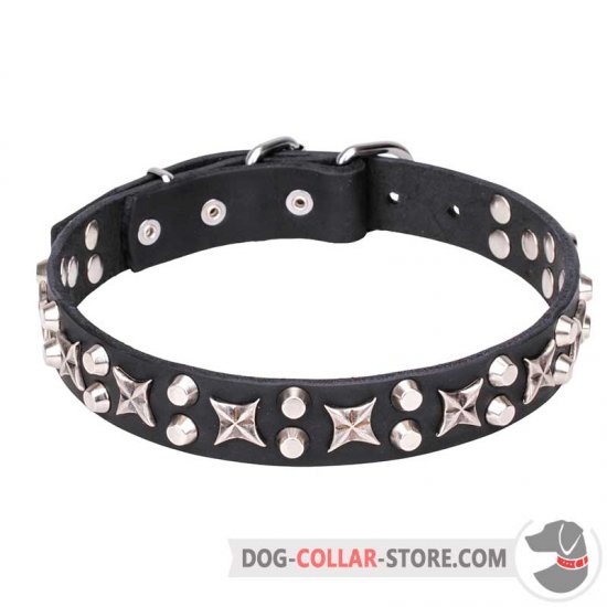"Shining Stars" 1 1/5 inch (30 mm) Leather Dog Collar Decorated