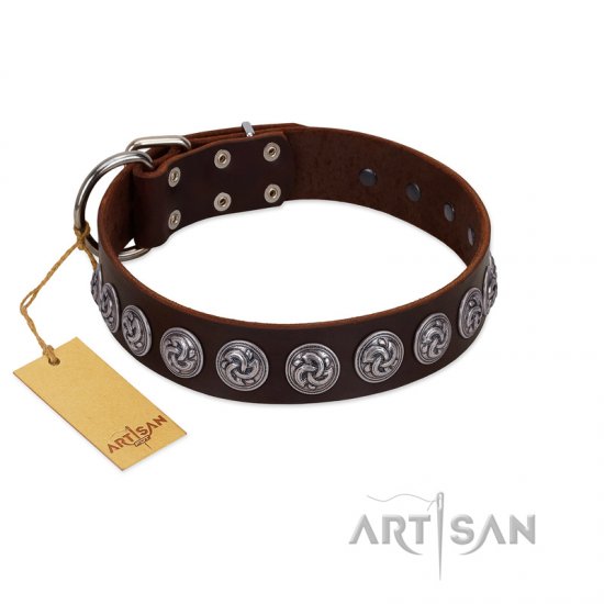 "Charming Circles" FDT Artisan Brown Leather dog Collar with Silver-like Studs