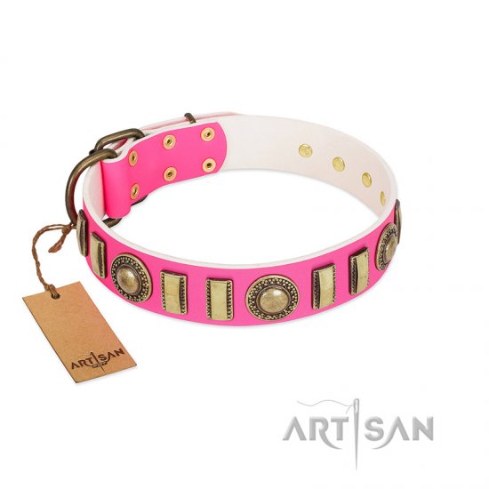 La Femme FDT Artisan Pink Leather Dog Collar with Ornate Brooches