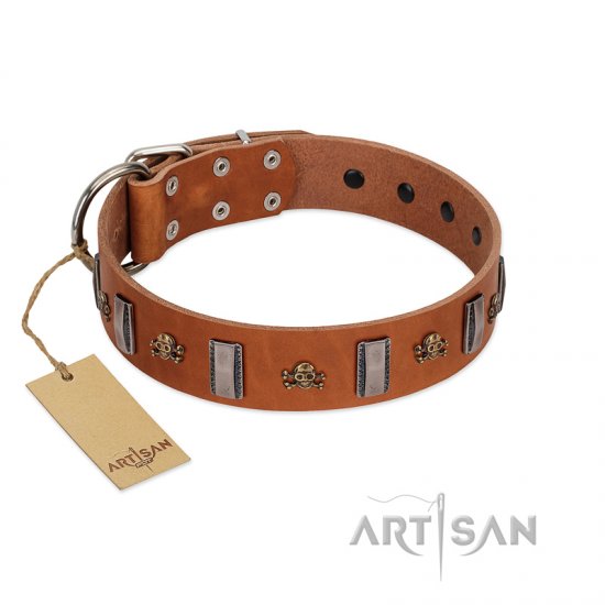 "Golden Crossbones" Handmade FDT Artisan Tan Leather dog Collar with Plates and Skulls