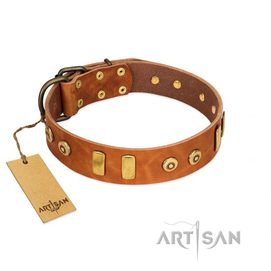 "Egyptian Script" FDT Artisan Tan Leather dog Collar with Plates and Small Studs