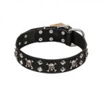 FDT Artisan 'Rock 'n' Roll Style' Fancy Leather Dog Collar with Skulls, Bones and Studs 1 1/2 inch (40 mm) wide