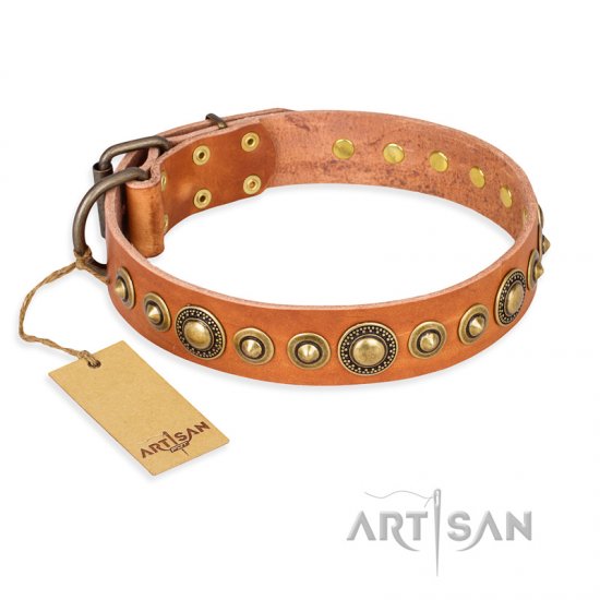 "Feast of Luxury" FDT Artisan Tan Leather dog Collar with Old Bronze Look Circles - Click Image to Close
