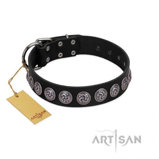 "Black Raven" Handmade FDT Artisan Black Leather dog Collar with Silver-Like Adornments
