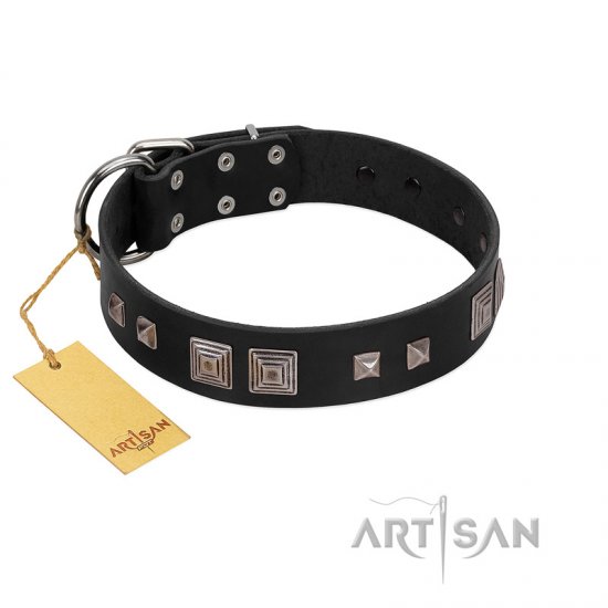 "Foregone Riches" FDT Artisan Black Leather dog Collar with Old Silver-like Square Studs and Pyramids