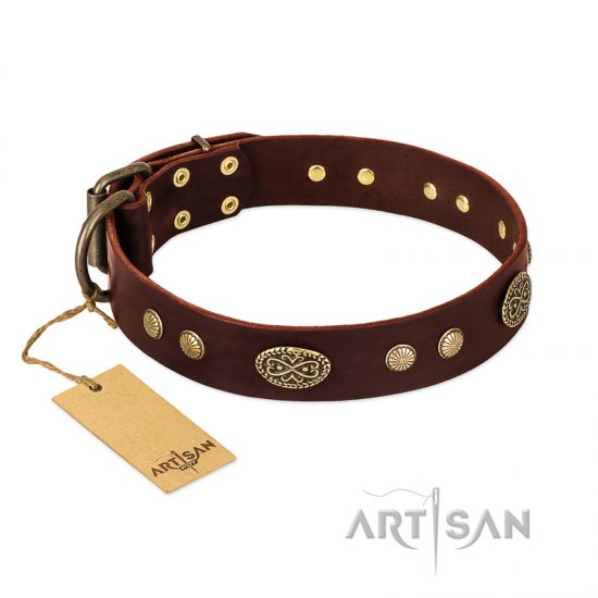 "Old-fashioned Glamor" FDT Artisan Brown Leather dog Collar with Old Bronze Look Plates and Circles - Click Image to Close