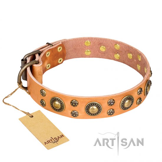 'Sophisticated Glamor' FDT Artisan Tan Leather Dog Collar with Fancy Old-Bronze Plated Decorations