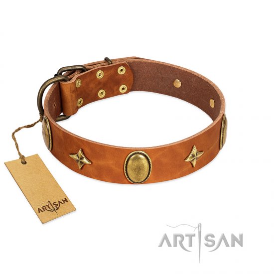 "Space Warrior" FDT Artisan Tan Leather dog Collar with Ovals and Stars