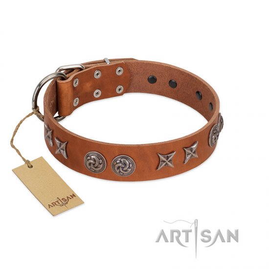 "Brave Spirit" Handmade FDT Artisan Designer Tan Leather dog Collar with Shields