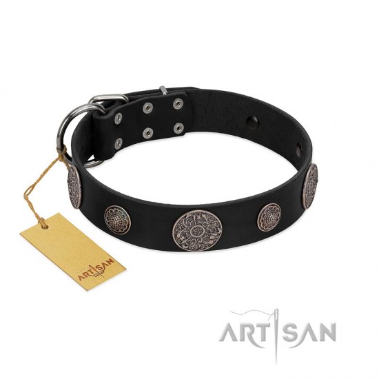 "Ad Infinitum" Durable FDT Artisan Black Leather dog Collar with Chrome Plated Brooches
