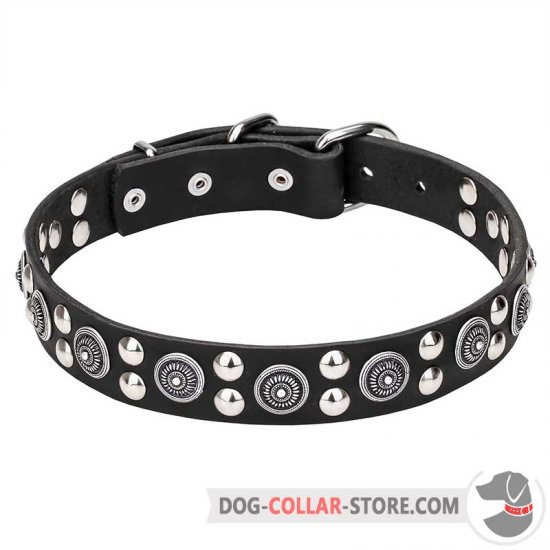 "Galactic Style" 1 1/5 Inch (30 mm) wide Leather Dog Collar with Fineries