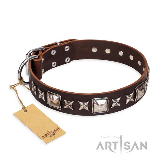 "Perfect Impression" FDT Artisan Brown Leather Dog Collar with Silver-Like Studs - 1 1/2 inch (40 mm) Wide