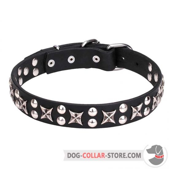 "Planets and Stars" Leather Dog Collar 1 1/5 inch (30 mm) Wide
