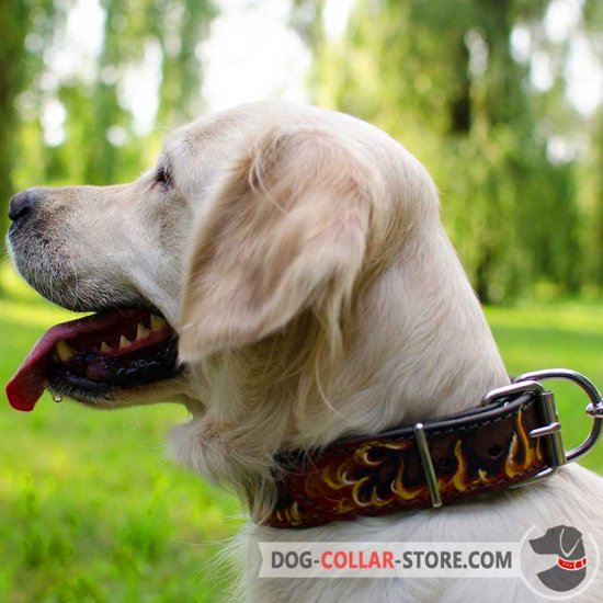 Stylish Leather Golden Retriever Collar with Hand Painted Flames