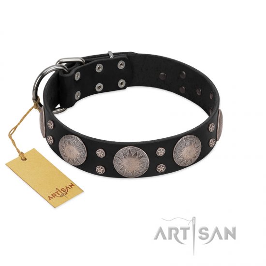 "Starry Sky" Trendy FDT Artisan Black Leather dog Collar with Large Brooches - Click Image to Close