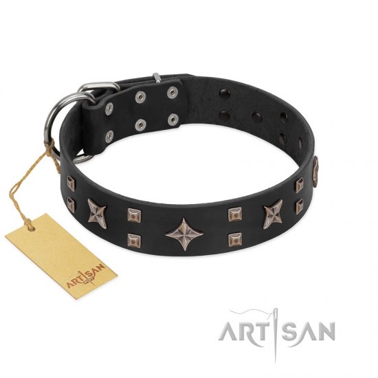 "Star Excitement" Modern FDT Artisan Black Leather dog Collar with Studs and Stars - Click Image to Close