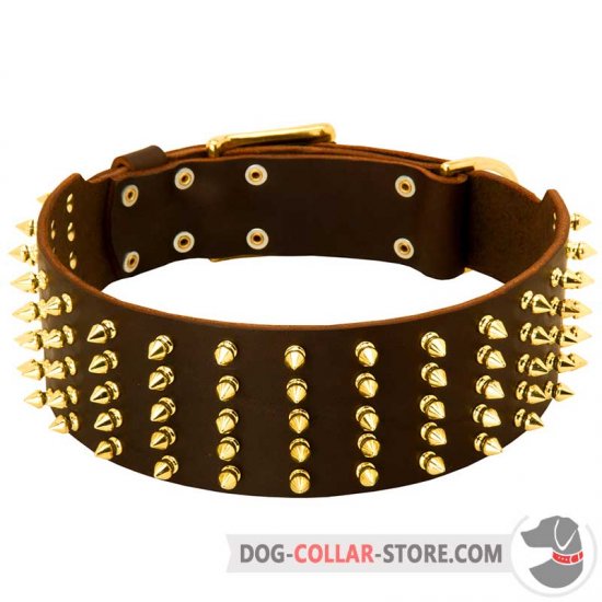 Extra Wide Leather Dog Collar with 5 Rows of Spikes