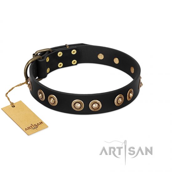 "Golden Artifact" FDT Artisan Black Leather dog Collar with Old-bronze Covered Medallions