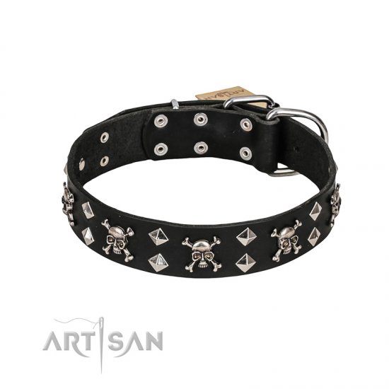 FDT Artisan 'Rock 'n' Roll Style' Fancy Leather Dog Collar with Skulls, Bones and Studs 1 1/2 inch (40 mm) wide