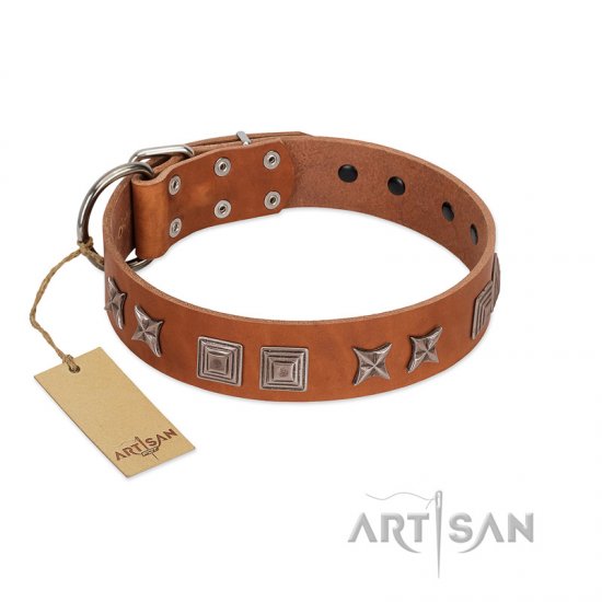 "Antique Figures" FDT Artisan Tan Leather dog Collar with Silver-like Engraved Plates