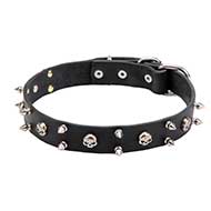 'Jolly Roger' Genuine Leather Dog Collar with Skulls and Spikes 'Jolly Roger' Genuine Leather Dog Collar with Skulls and Spikes