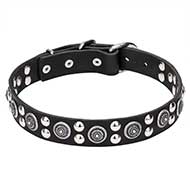 "Galactic Style" 1 1/5 Inch (30 mm) wide Leather Dog Collar with Fineries