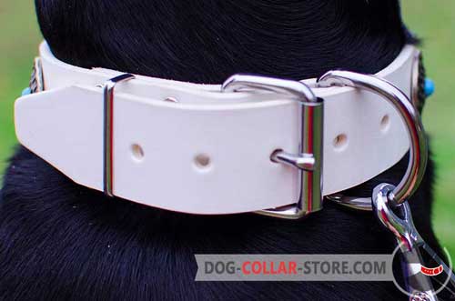 Strong Nickel-Plated Buckle On Leather Dog Collar White