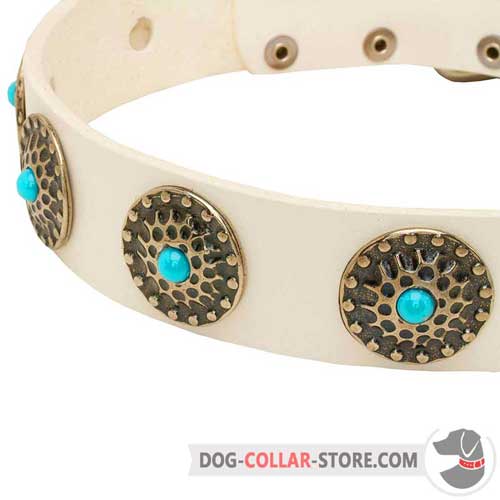 Solid Circles With Blue Stones On White Dog Collar Leather Walking
