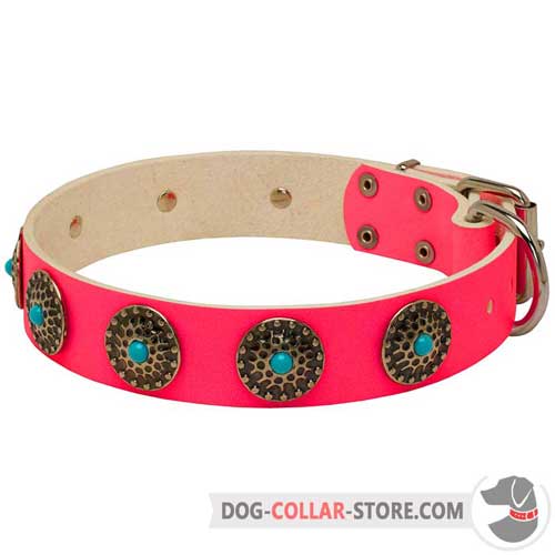 Pink Leather Dog Collar with Gorgeous Blue Stones Inserted Circles