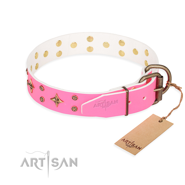 Handy use genuine leather collar with embellishments for your four-legged friend
