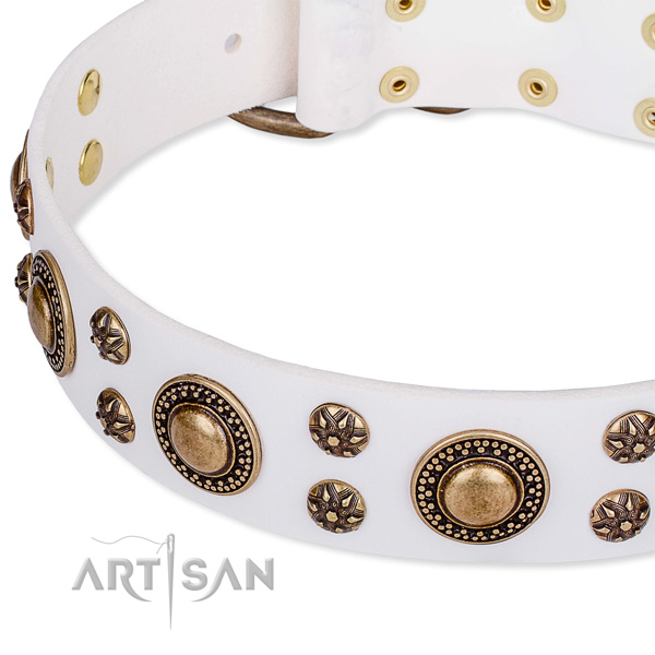Natural genuine leather dog collar with top notch adornments