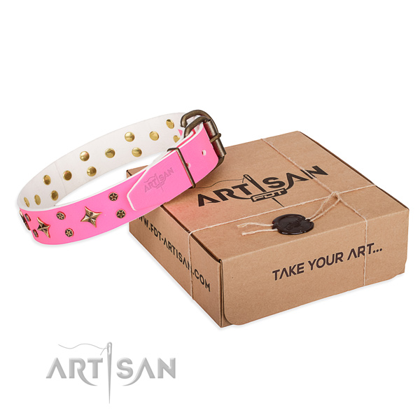 Adorned full grain genuine leather dog collar for handy use