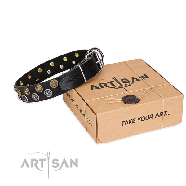 Full grain natural leather dog collar with decorations for daily use