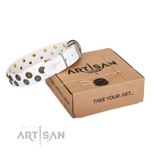 Decorated genuine leather dog collar for handy use