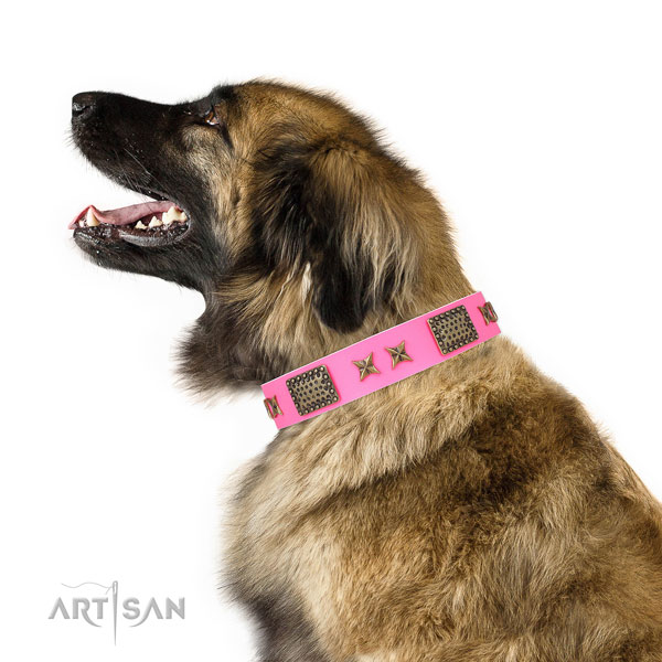 Unusual adornments on easy wearing genuine leather dog collar