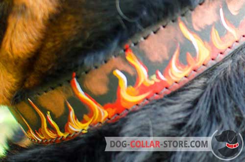 Flames Hand Painting on High Quality Leather Dog Collar