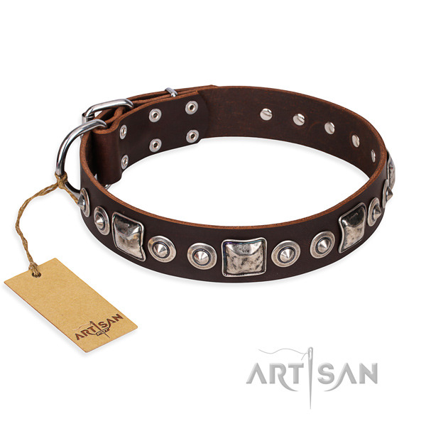 Natural genuine leather dog collar made of quality material with reliable buckle